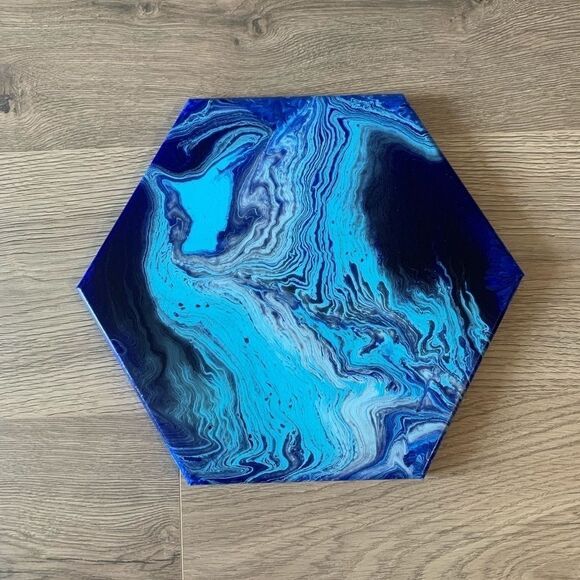 Blue Hexagonal Canvas Acrylic Pour Art - Picture 1 of 5